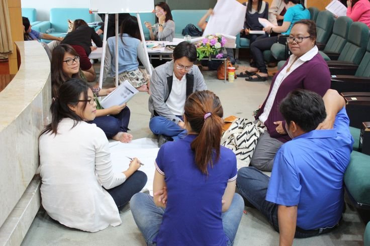 Participants sitting on the floor working through a C-BED exercise on flip-chart paper