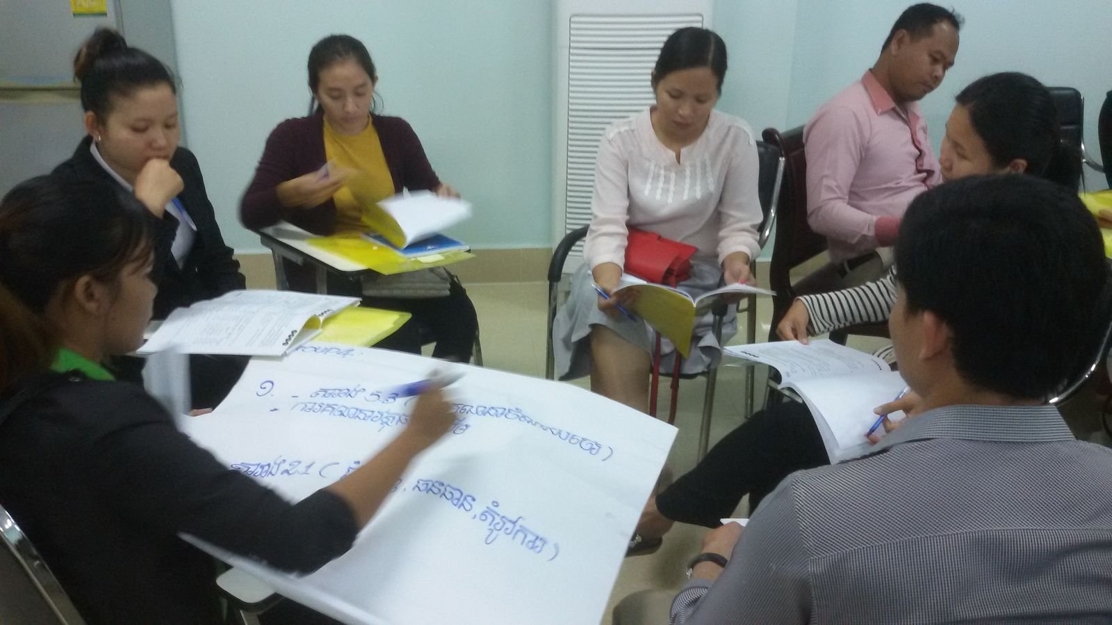 A group working through a Our.COOP module together on flip-chart paper